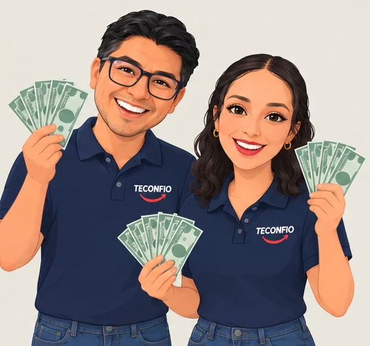 Los fundadores de TECONFIO sonriendo con billetes en la mano